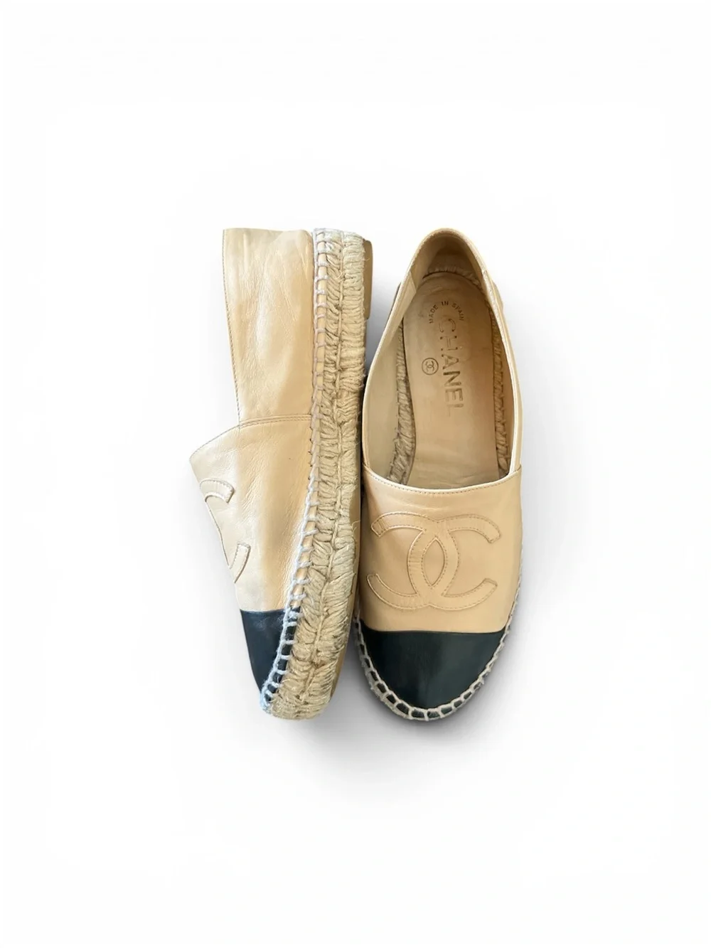 CHANEL Beige and Black Espadrille Flats with CC Logo